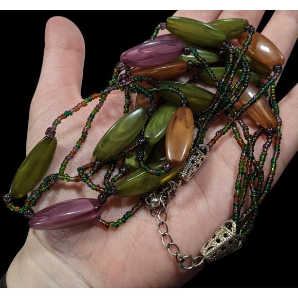 Vintage Retro Lucite And Glass Green Purple And Orange Beaded Necklace - Picture 3 of 6